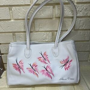 Vintage Cecconi Piero White Leather w/ Pink Butterfly Print Tote Bag